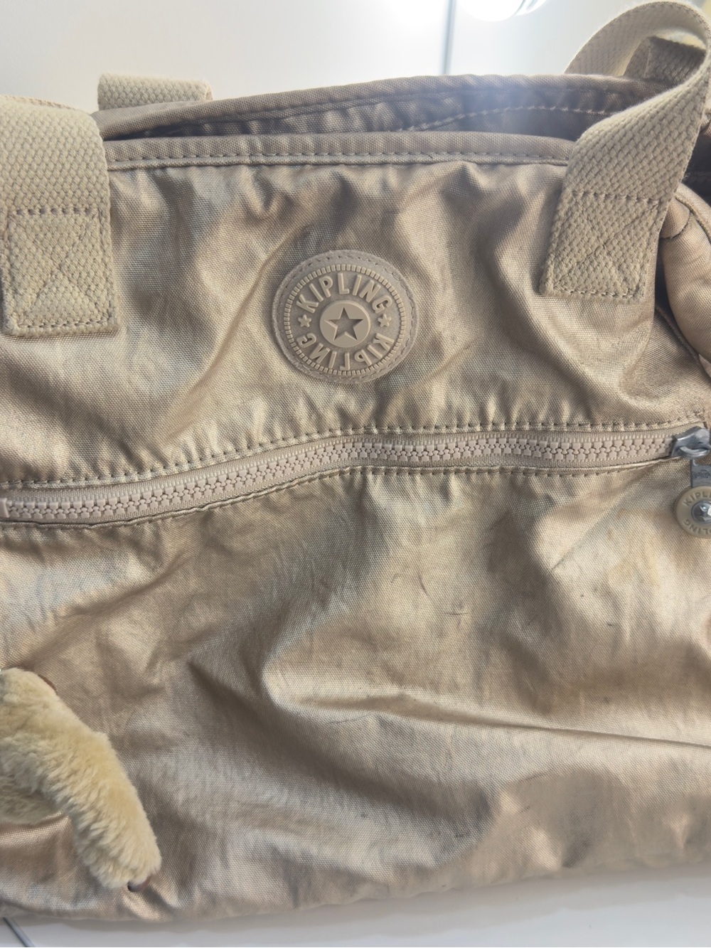 Kipling Metallic Champagne Tote with Front Zip Pocket